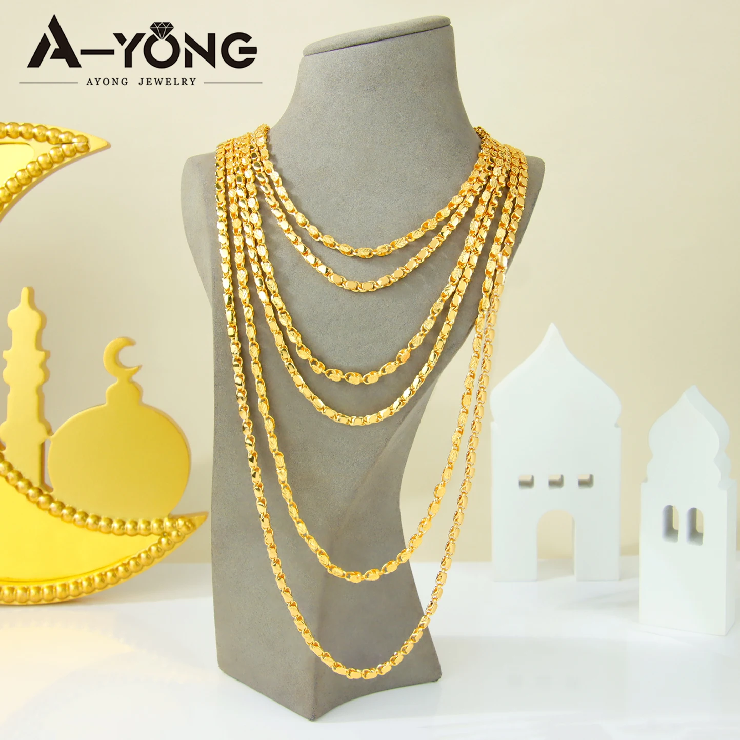 

Dubai Fashion Gold Necklace Chains 21k Gold Plated 60/80/100cm Turkish Bridal Vintage Jewelry Nigeria Wedding Jewelrys