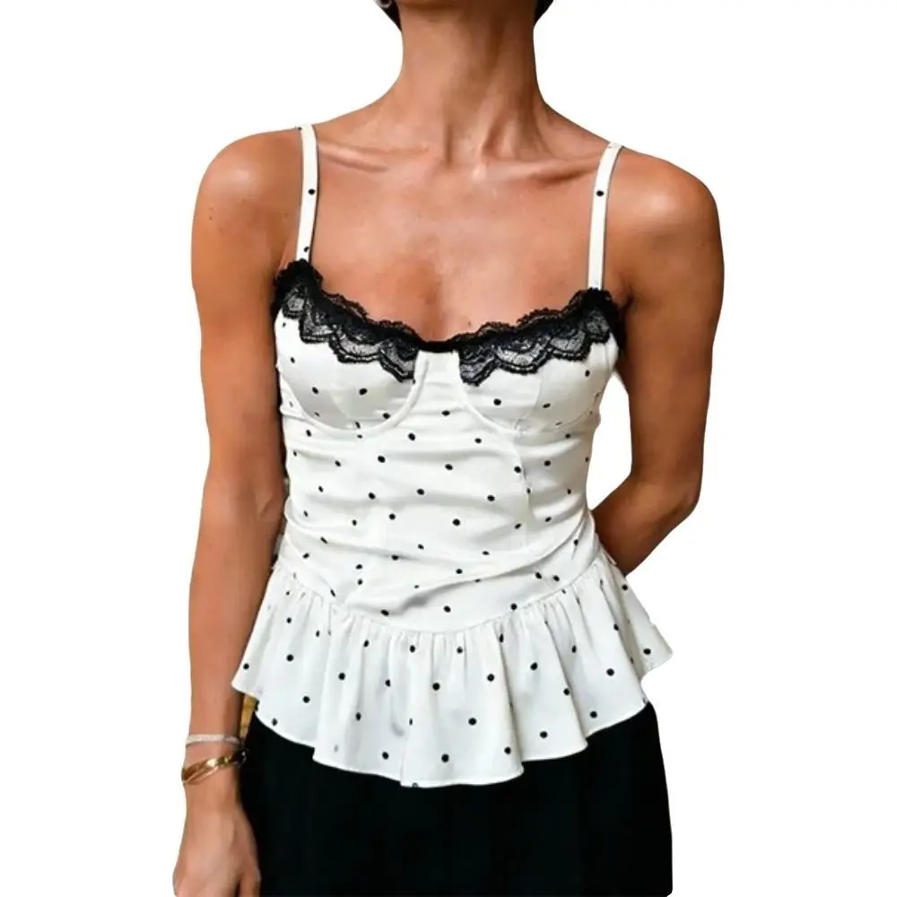 Polka Dot Polka Dot Shirts Square Neck Puff Sleeves Square Collar Blouse Slim Cropped Lace Details Spring Short Blouse