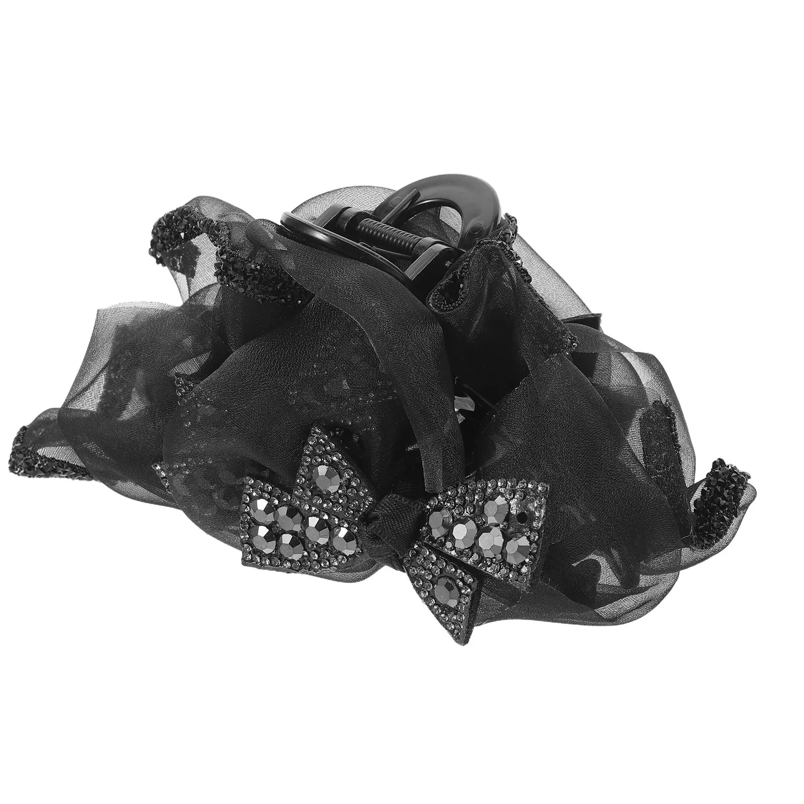 

Винтажная заколка-краб для волос с бантом из страз, черная, из сетчатого тюля, готическая, блестящая, декоративная, для тематических мероприятий, Хэллоуина, выпускного вечера