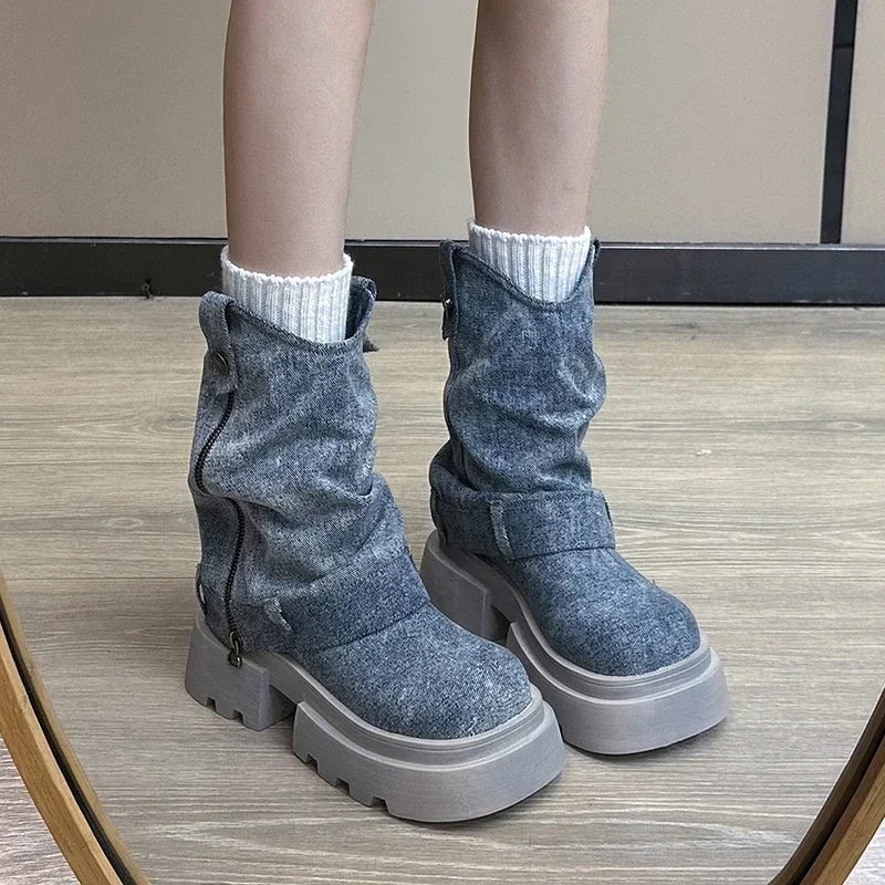 Chunky Women Blue Denim Short Boots Fashion Slip On Ankle Booties Autumn Winter Female Platform Heel Shoes