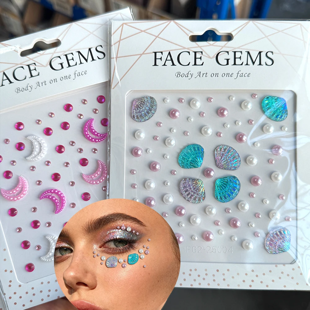 1Pcs Pearl Shell Moon Face Makeup Gem Sticker 5D Star Flowers Rhinestone Eyes Body Fake Tattoo Decals for Festival Music Decorat