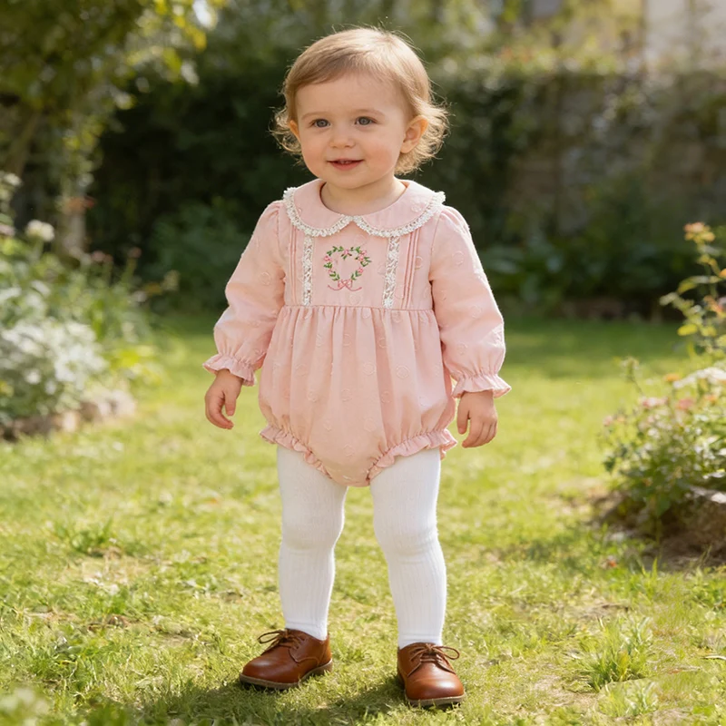 

2026 New Spring Newborn Baby Girls Bodysuits Long Sleeved Cotton Embroidery Infant Baby Girls Jumpsuit 0-24M Baby Girl Clothing