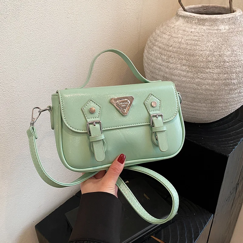 

2025 Summer Vintage Green Satchel - Preppy Triangle Logo Crossbody Bag for Women | Campus Chic & Street Style