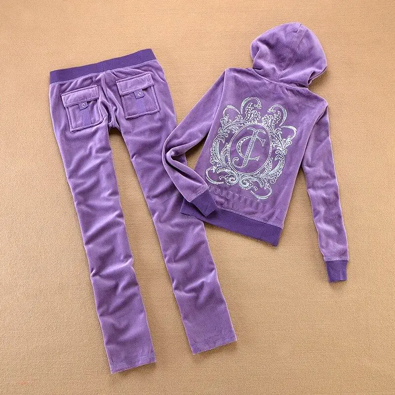 JC Tracksuit Women Velvet Women's Brand Velour Sewing Suit Women Track Suit Hoodies And Pants Sets JC couture with rheinstone