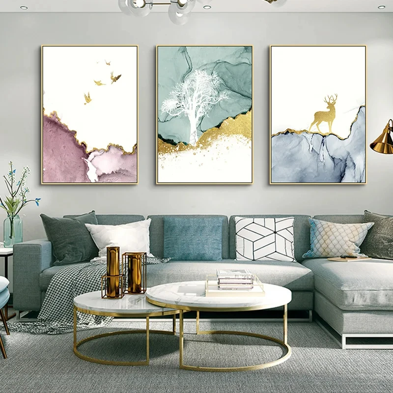 

Abstract Gold Bird Deer Tree Forest Posters And Prints Wall Art Canvas Painting Nordic Wall Pictures For Living Room Home Decor