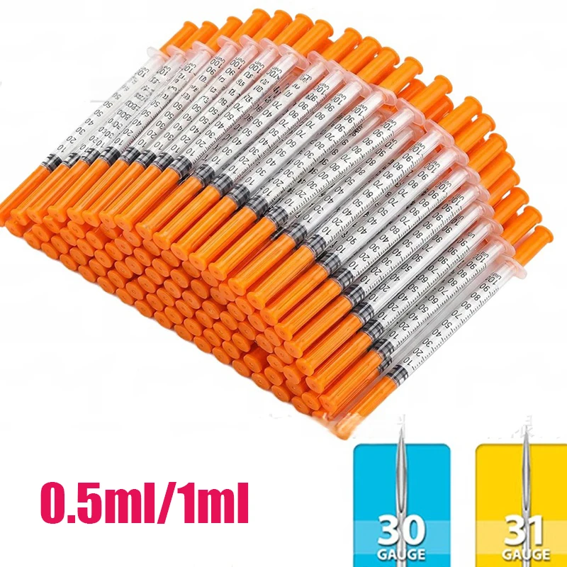 100/200 PCS Sterile Disposable Insulin Injection Syringe Multi Sizes 6mm/8mm 0.5ml/1ml Individually Wrapped Portable Injector