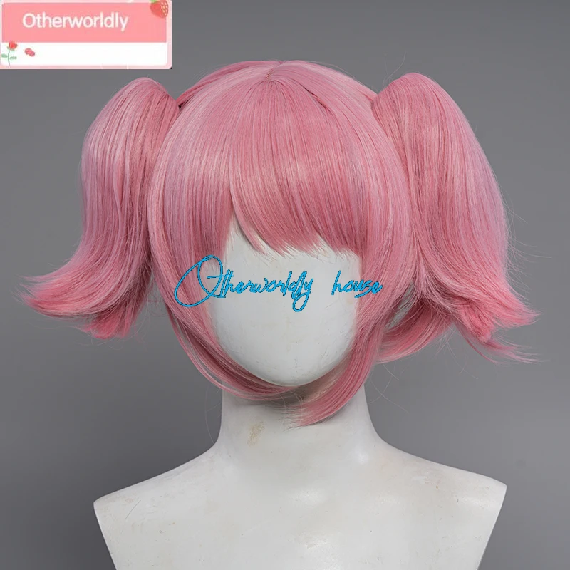 Peluca de Anime Kanamee Madokaa para Cosplay, pelo corto rosa con dos coletas