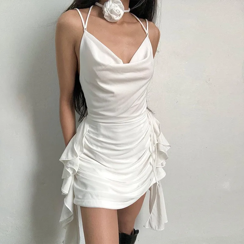 Casual Party beach vacation WOMEN'S clothing fashion sexy girl lace white skirt backless pleated flower sling frenum dress