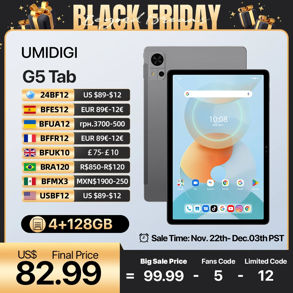 Tablet Android UMIDIGI G5 Tab tablet Android 13 10.1" HD Unisoc T606 4+4GB 128GB 6000mAh Mega Batteria AI Face Sblock