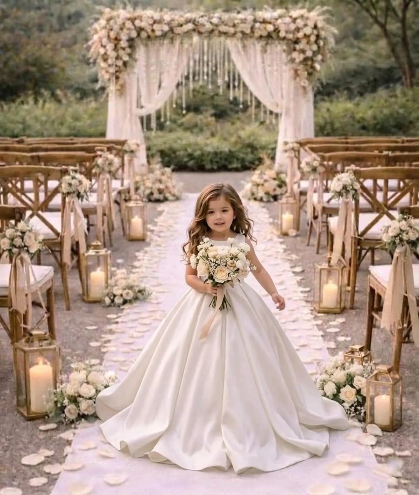 First Communion Dress Girls White Satin Flower Girl Dress Backless Bow High Waist A Line Wedding Dress Performance Pageant