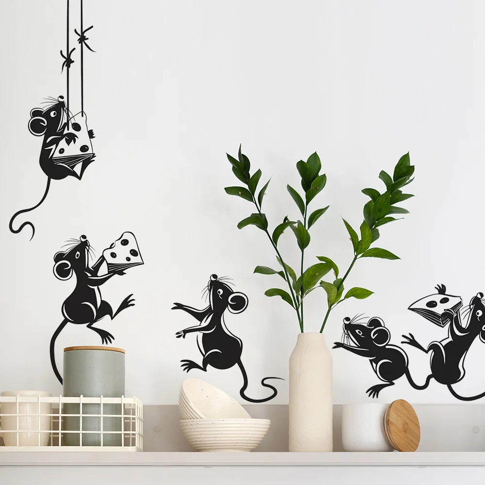 Naklejki ścienne Cartoon Mouse Stealing Cheese do kuchni Dekoracja restauracji Mural Pokój Szafka Home Decor Samoprzylepne naklejki