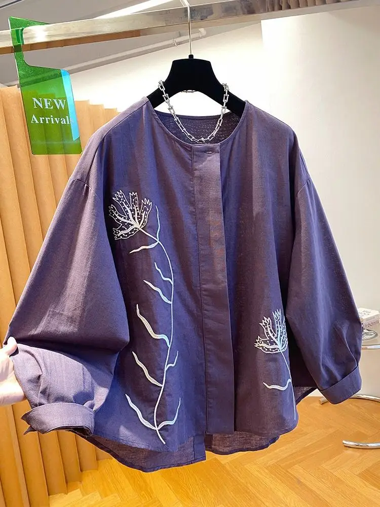 Women Embroidered Linen Shirt 2026 New Autumn Round Neck Long Sleeve Loose Comfort Breathable Cotton Linen Casual Blouse Top