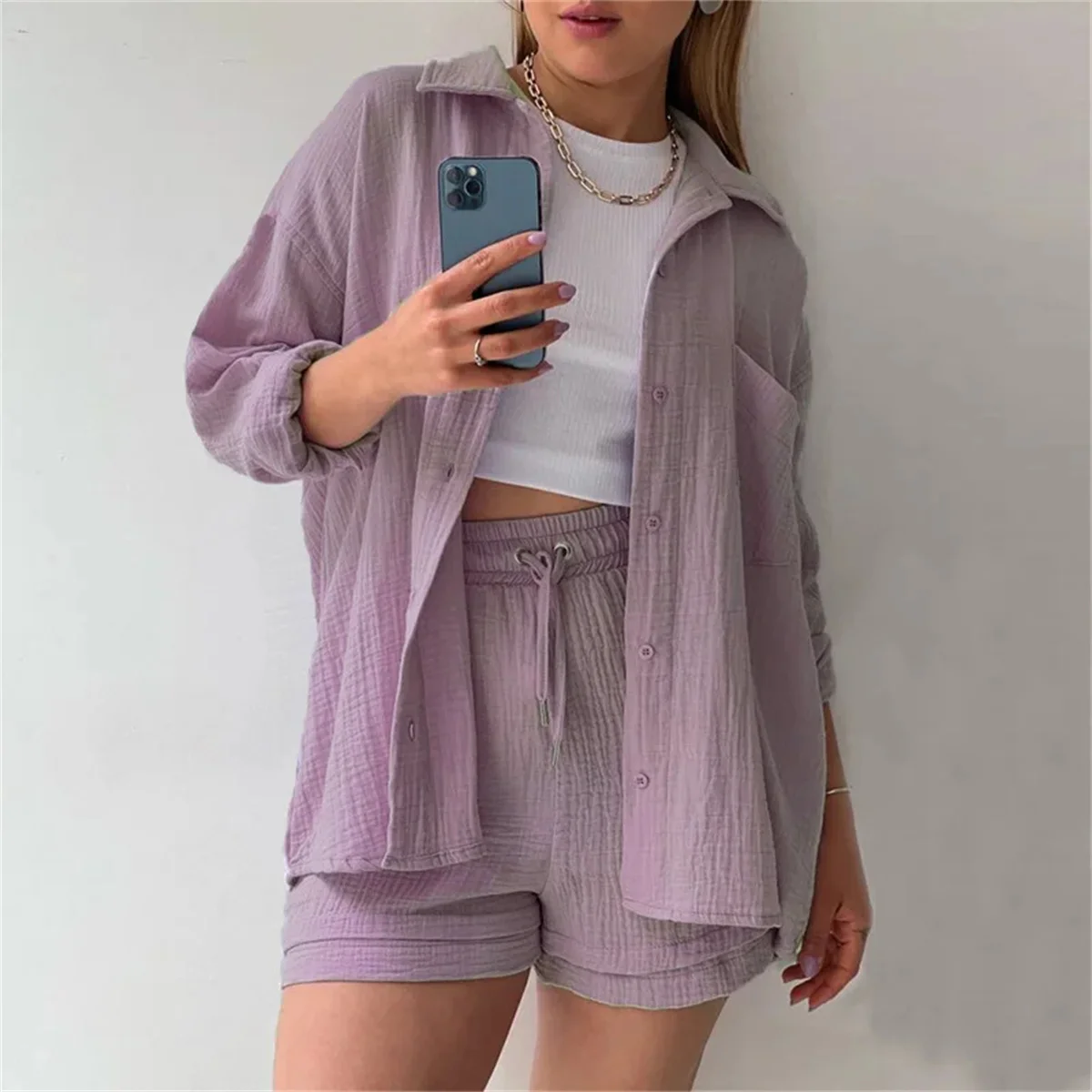 Two Piece Women\'s Summer Blouse Shirt And Shorts Sets Long Sleeve High Waisted Beach Outfit Loose Casual Button Solid 2-pcs Set