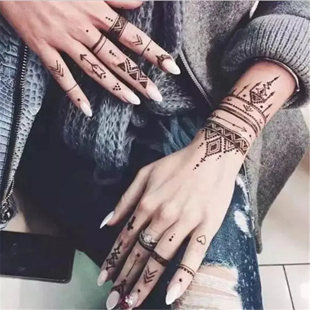 Stensil tato Henna untuk tangan, 1 pasang tato tangan sementara, templat stiker seni tubuh, alat Kit Henna untuk lukisan pernikahan India