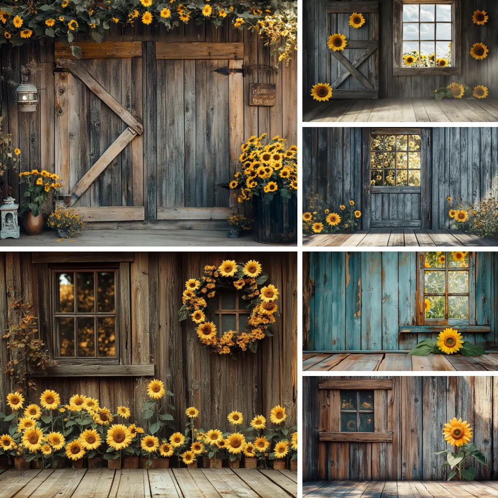 

Sunflowers Photography Backdrop Rustic Wooden House Background Baby Shower Birthday Party Decor Banner Photo Booth Props