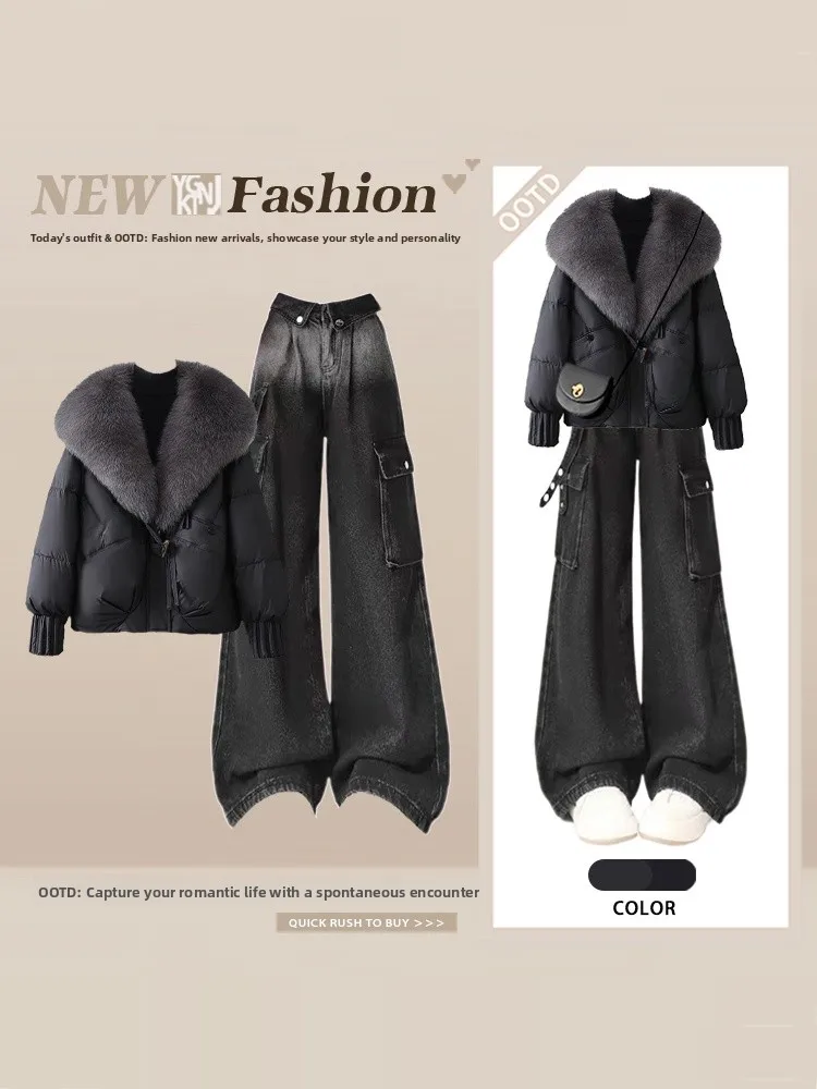 

Зимний модный теплый комплект, женский джат с меховым воротником, широкая рабочая одежда, джинсы, крутая повседневная футболка, ансамбль