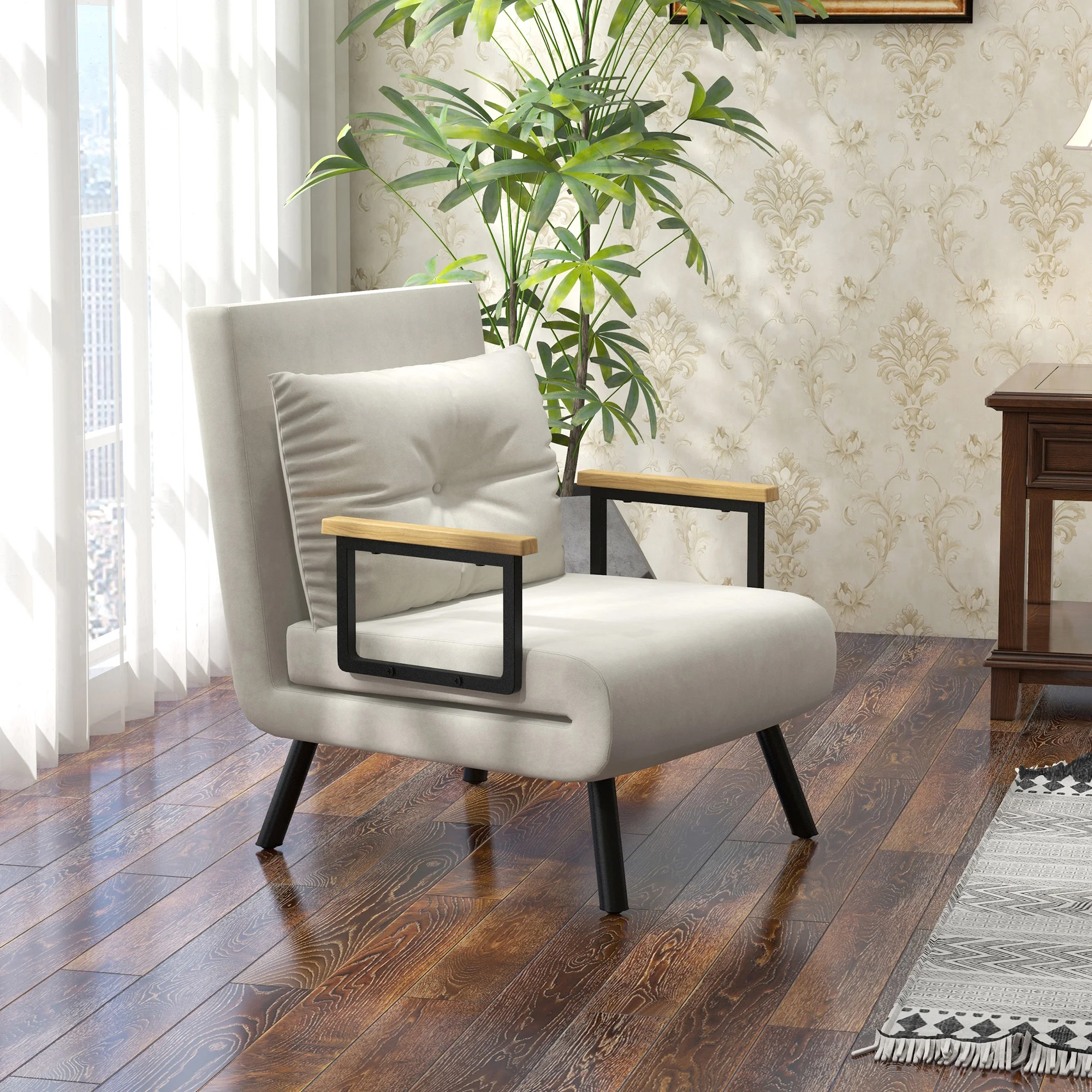 HOMCOM Fauteuil convertible 4 en 1 lit 1 place dossier 5 positions, accoudoirs en bois et coussin, tissu effet velours, crème