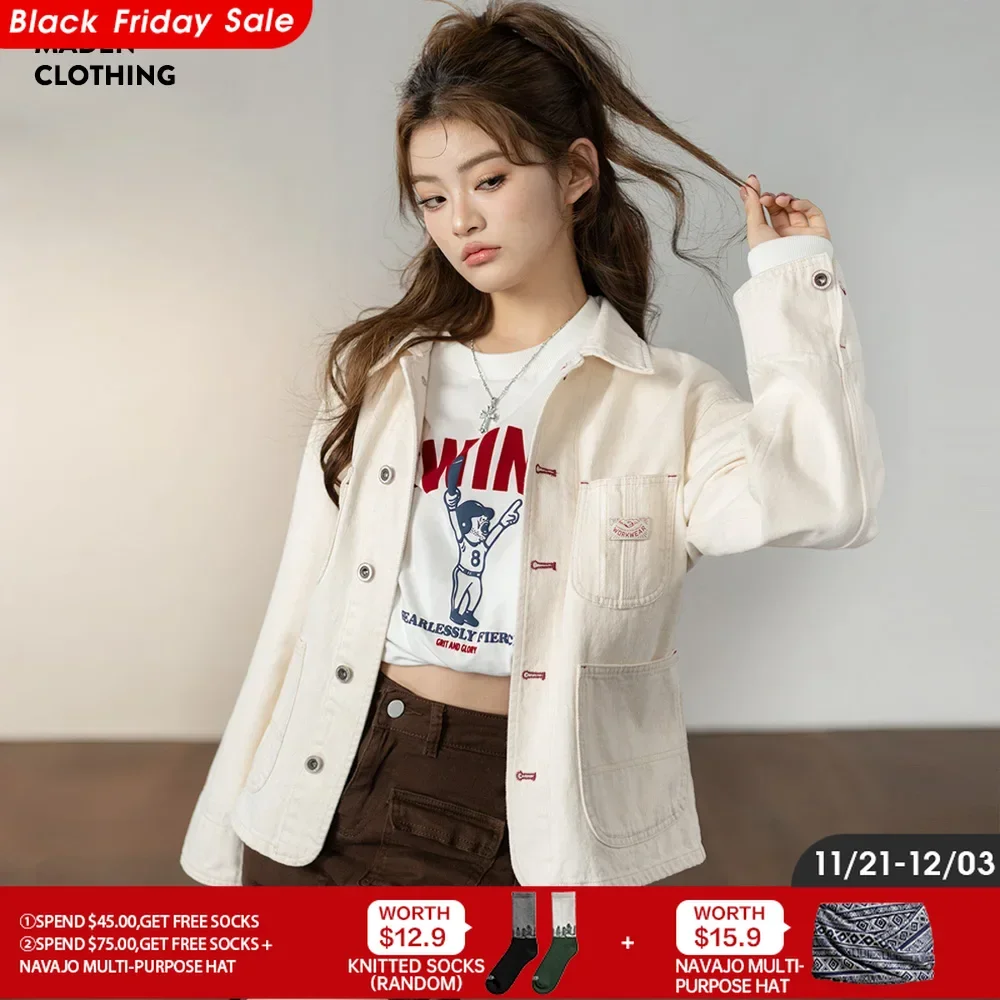 Maden New Vintage White Denim Coat 11.2OZ Turn-down Collar Jacket Loose Casual Single Breasted Denim Jacket Women Clothing