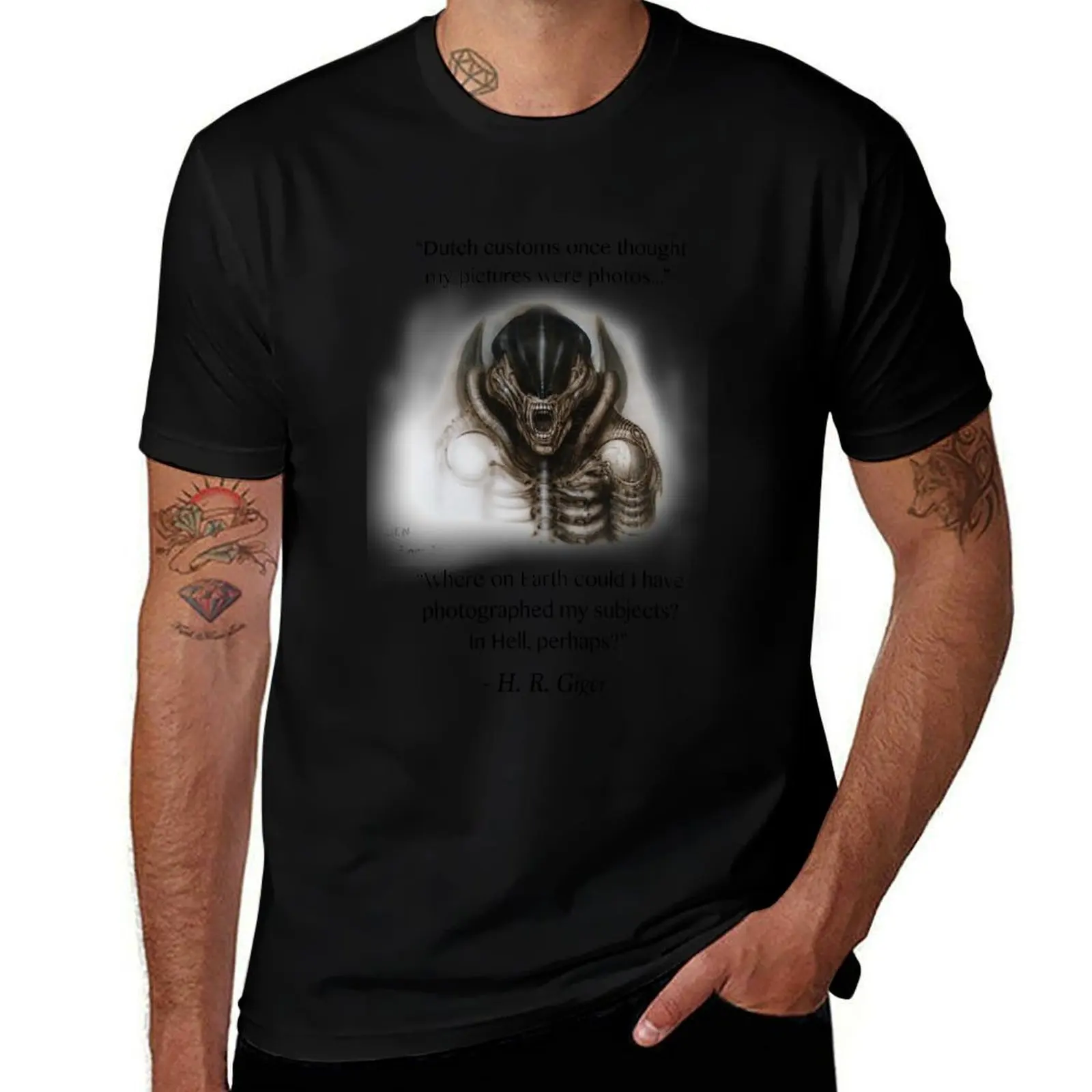 

H. R. Giger Quote w/ '78 Alien Drawing (white background only) T-Shirt Large Size Soft Cotton T-Shirt