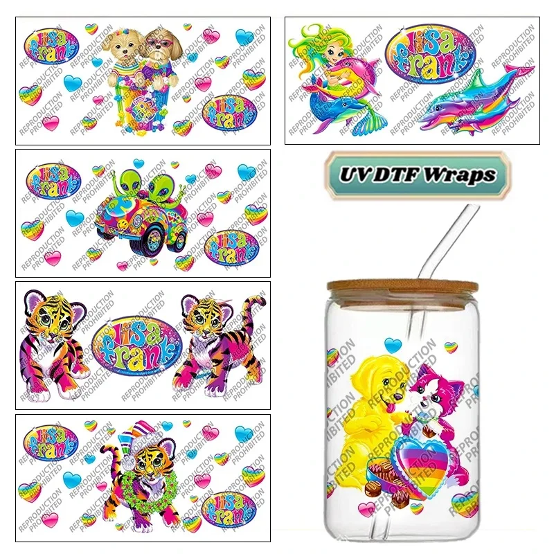 90s Neon Rainbow Cartoon Animal UV DTF Cup Wrap Stickers Waterproof No Heat Transfer For 16oz Libbey Glass Can Tumbler Decal