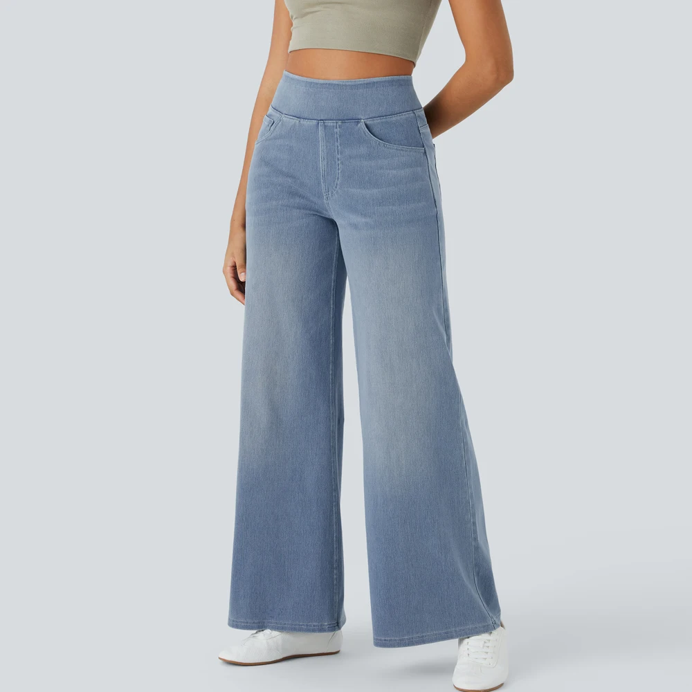 Shascullfites Damen-Jeans mit hoher Taille, hellblau, für den Sommer, Baggy-Jeans, dünn, weit, lässig, mit Taschen – Detail 1