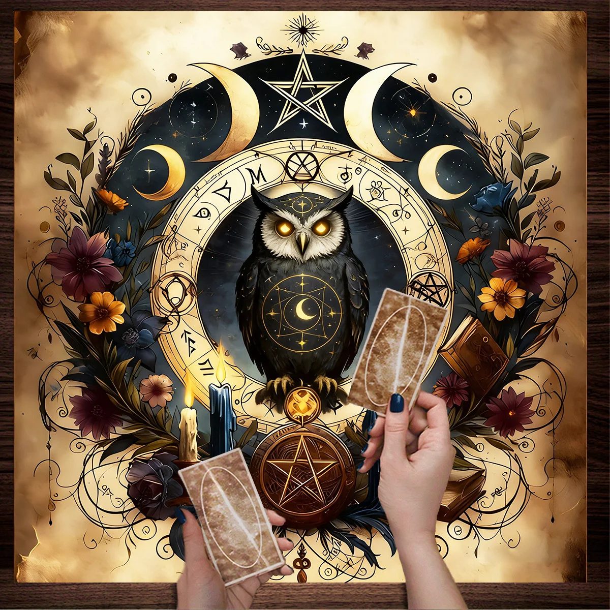 1pc Vintage Dark Owl Astrolabe Tablecloth, Decorative Cloth With Owl, Rune and Triple‑Moon Pattern, Tarot Altar Cloth