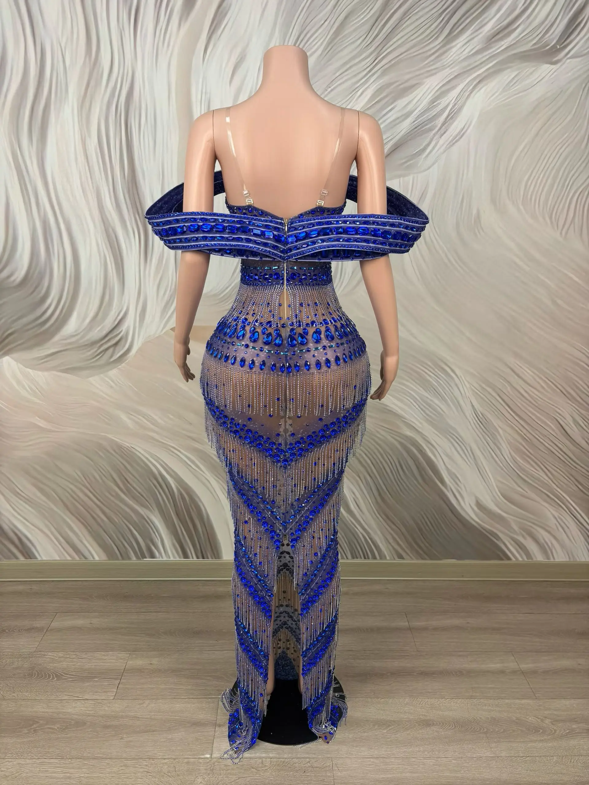 Midiexiang Elegant Sapphire Rhinestone Mermaid Evening Dress 3D Curved Shoulder Chain Tassel Fringe Birthday Gala Stage Gowns