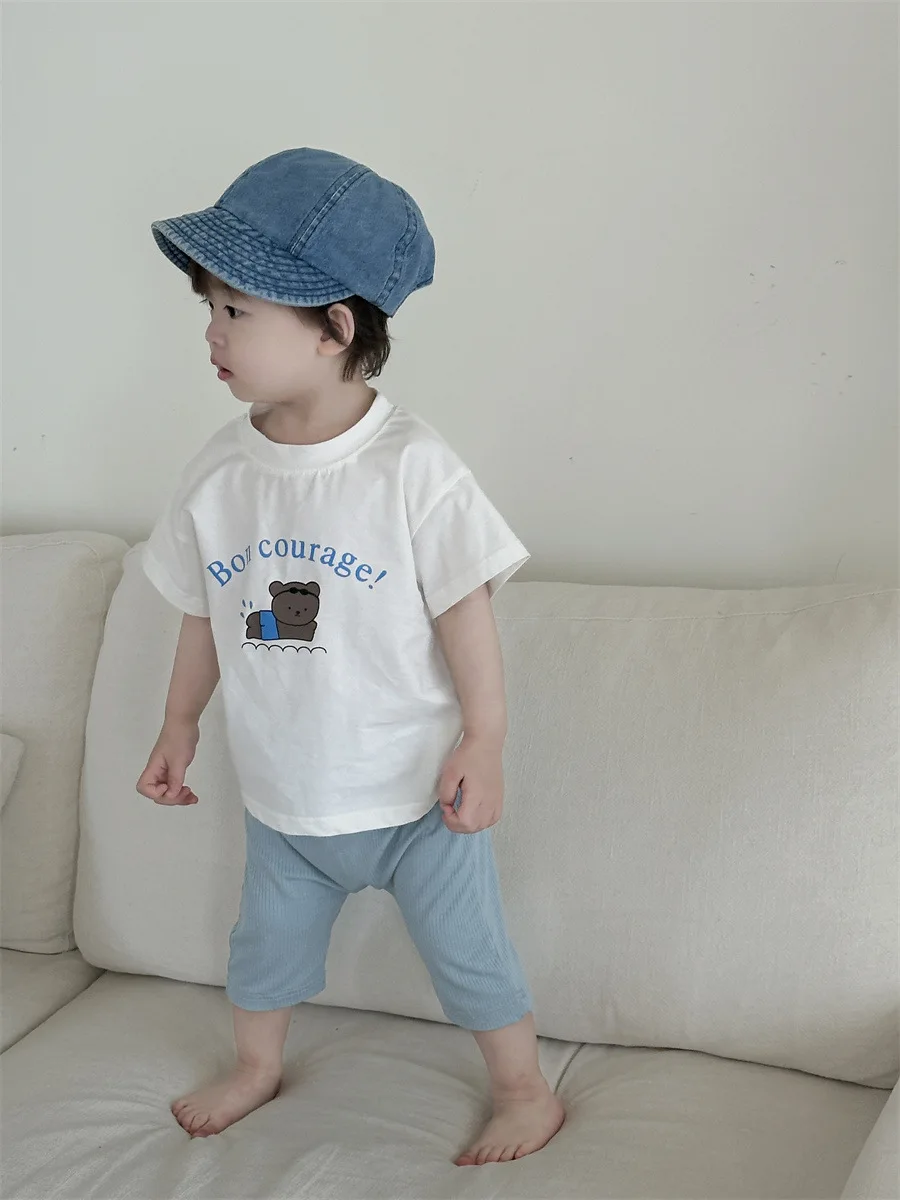 2025 Summer New Baby Short Sleeve T Shirts Cute Cartoon Bear Print Infant Boy Girl Casual Tee Toddler Versatile Cotton Tops