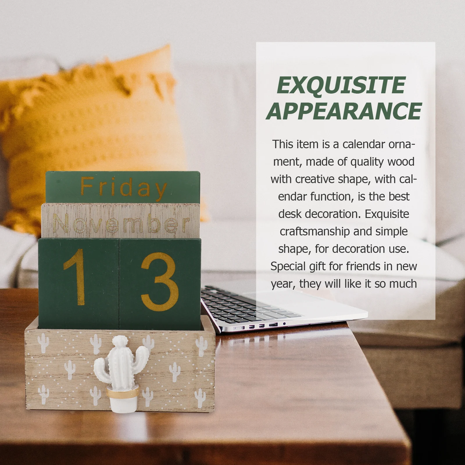 1 conjunto de calendário de mesa de madeira cacto, ornamento de mesa simples e elegante, material de escritório, artesanato de madeira, decoração de mesa chique