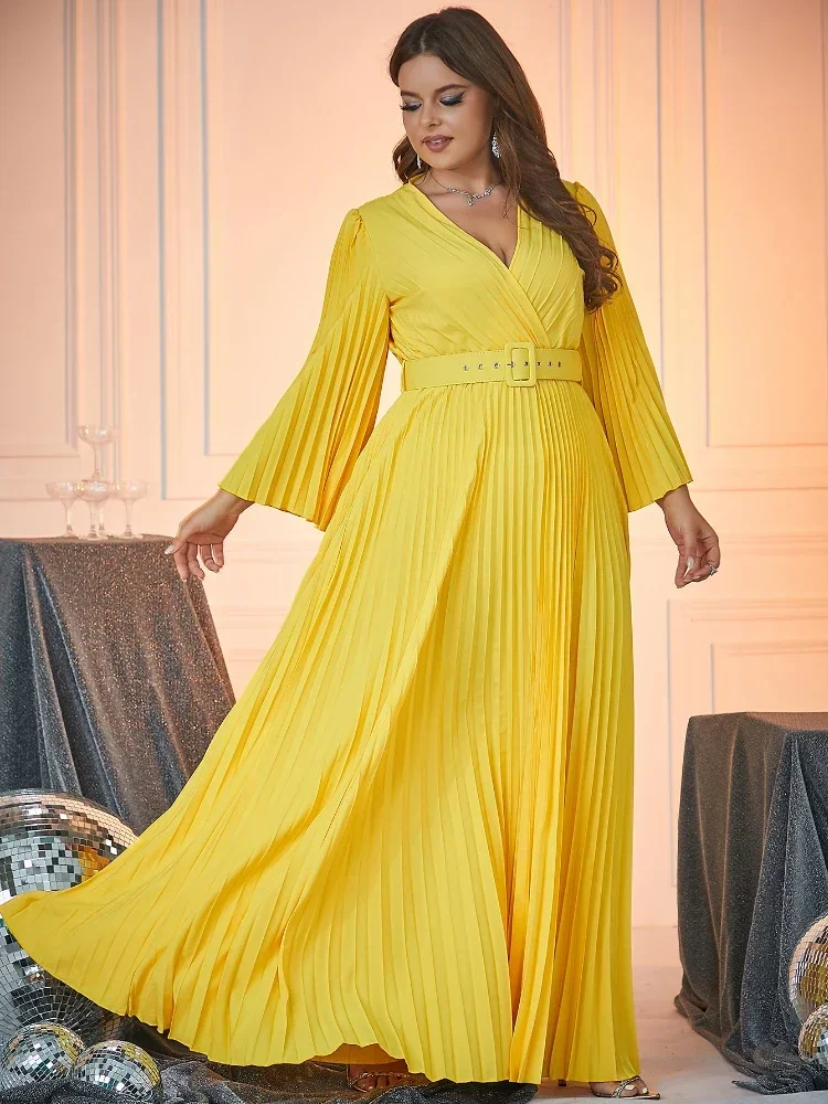 Casual Long Dress for Women Yellow V Neck Flare Sleeves Pleated A Line Office Work Evening Party Plus Size Draped Gowns 3XL 4XL