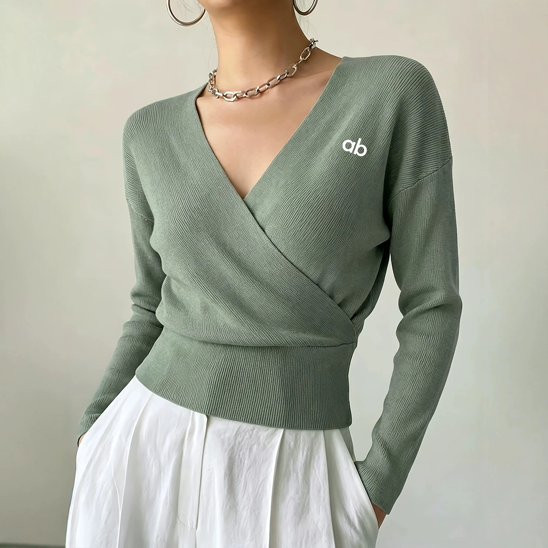 Women V Neck Wrap Knit Top Long Sleeve Slim Fitted Ribbed Sweater Elegant Office Casual Solid Color Pullover Viscose fiber