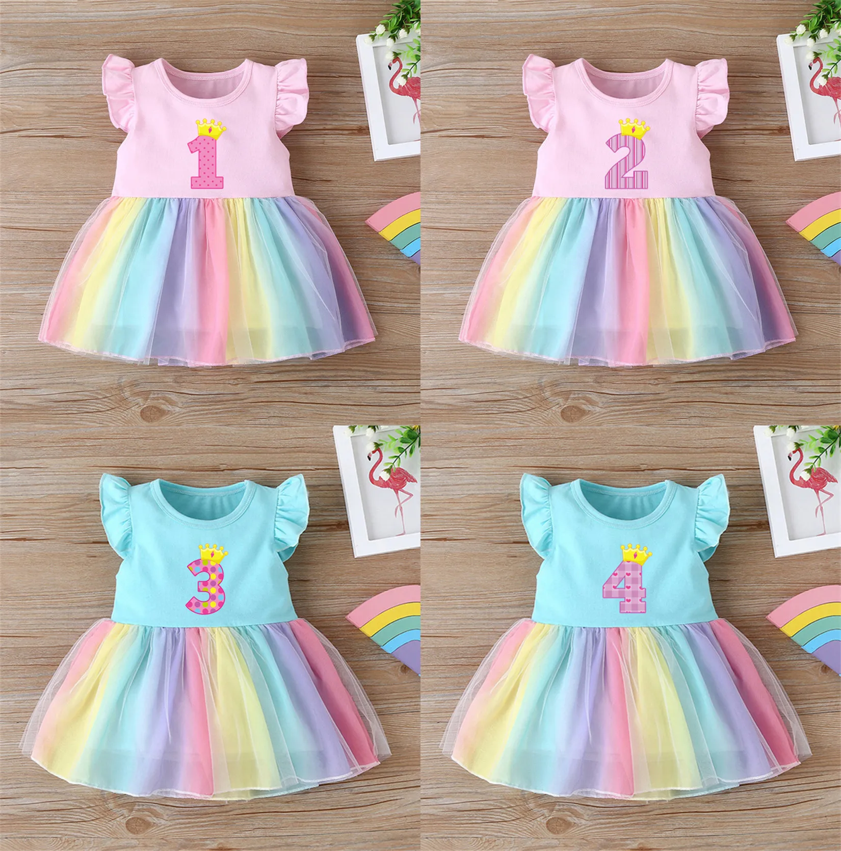 

Baby Girl Clothes 1st 2nd 3rd 4th Birthday Dress Cute Princess Pink Vestidos Toddler Girls Summer Rainbow Mesh Party Dresses