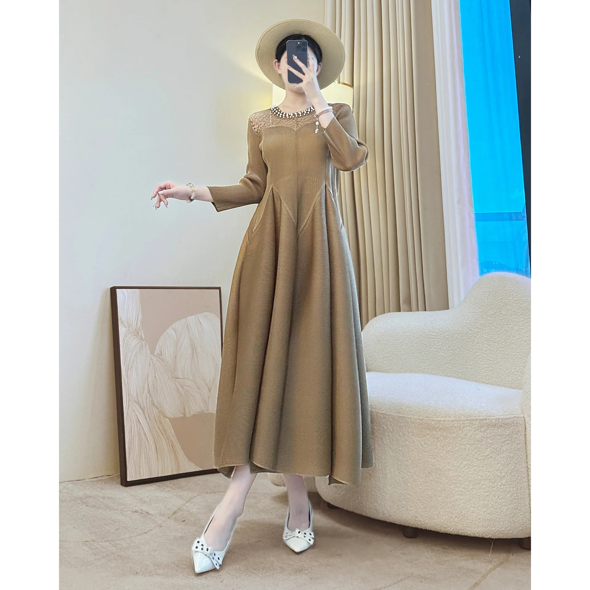 خريف جديد ريترو أنيق مرصع بالألماس فستان كاجوال للسيدات مصنع الجملة فستان مطوي #5