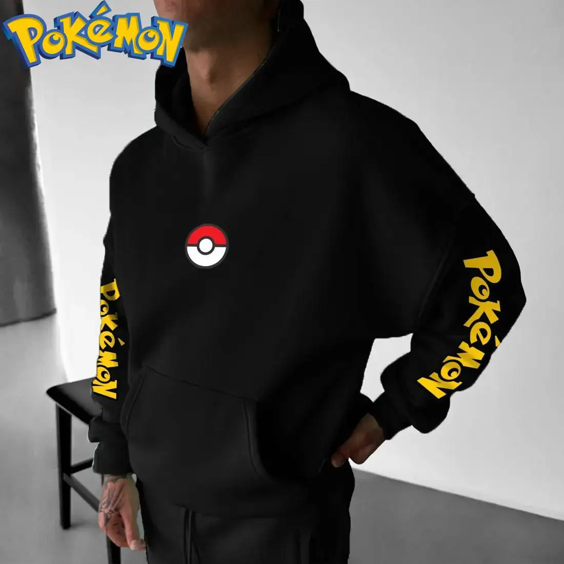 طقم ملابس بوكيمون أنيمي بيكاتشو القطنية مع قلنسوة وسراويل هاراجوكو أسود أصفر مطبوع عليه شخصية مكونة من قطعتين ملابس غير رسمية للشارع #4