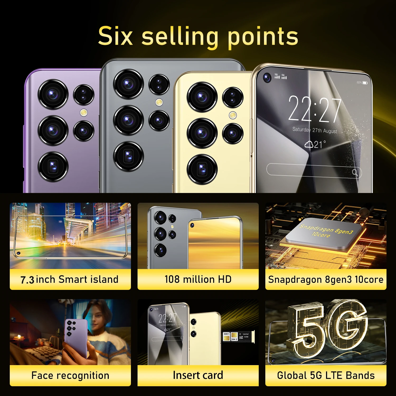 Global S24 Ultra smartphone 7.3 HD Screen 22GB+2TB 7800mAh Android 14 Celulare 5G Dual Sim Face Unlocked Original Mobile Phone