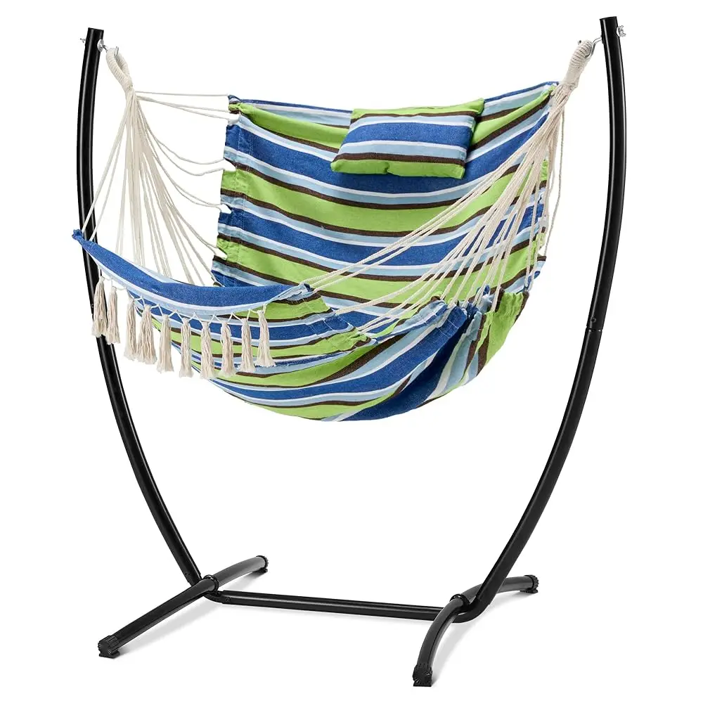 

Hammo Chair With Stand,Heavy-Duty Hanging Bohemian Style Chair With Stand, For Indoor Outdoor,With Headrest And Side Pockets,