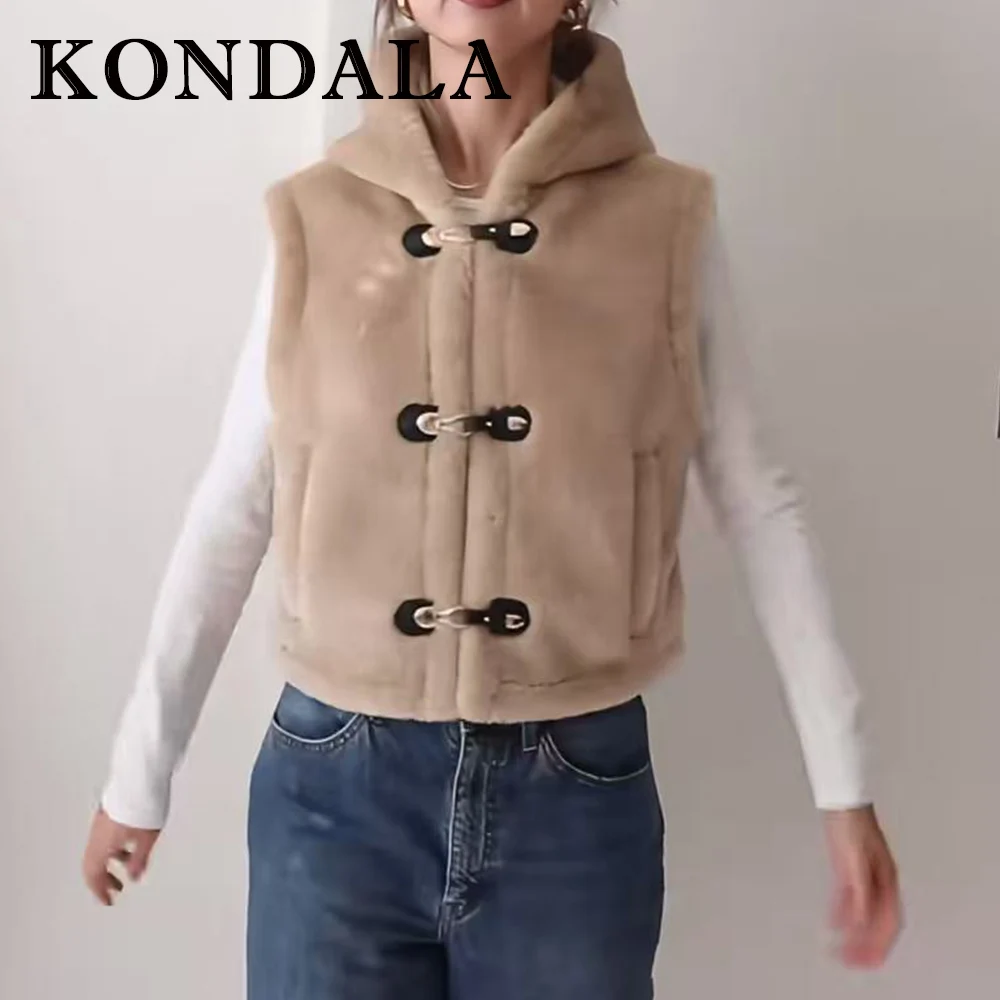 

KONDALA Chic Khaki Hooded Fashion 2025 Vintage Flurry Winter Women Vest Streetwear Sleeveless Jacket Modern Casual Fall Outwear