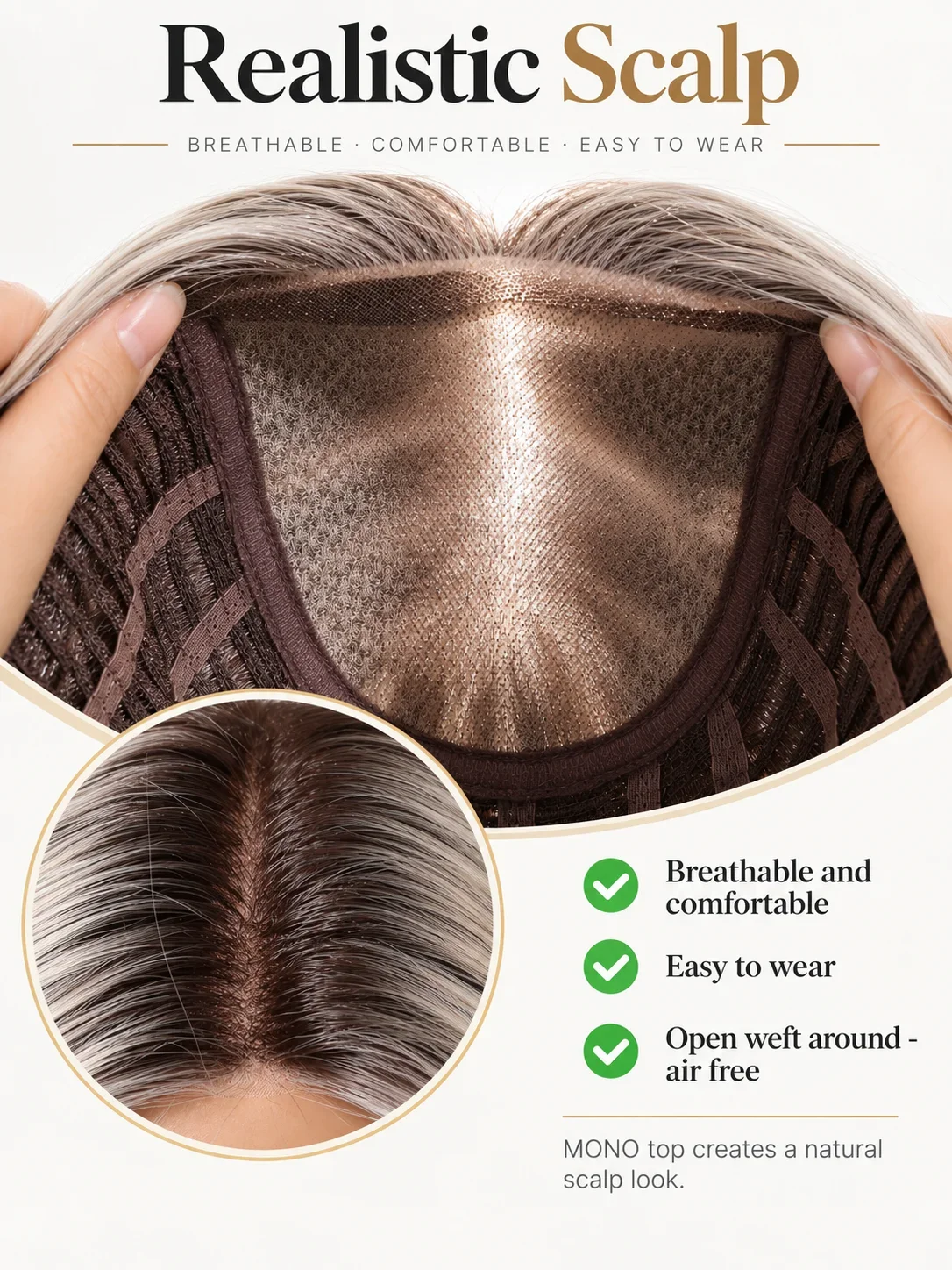 MONO Glueless Bob Wig for Women Ash Brown Highlight Synthetic Hair Middle Part Natural Scalp Lightweight Breathable