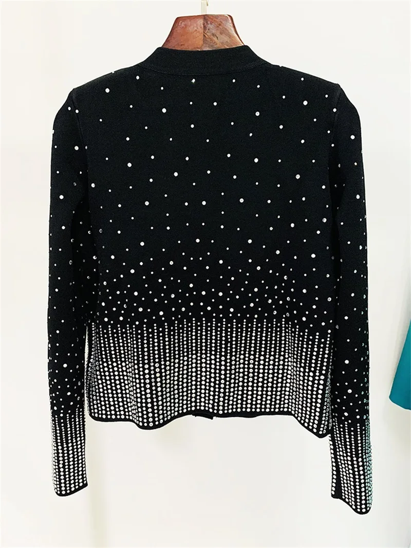 Houndstooth Gradient Women Cardigan Jacket Rhinestone Knit Coat Elegant Black Stand Collar Long Sleeve Tops New Arrival In Stock