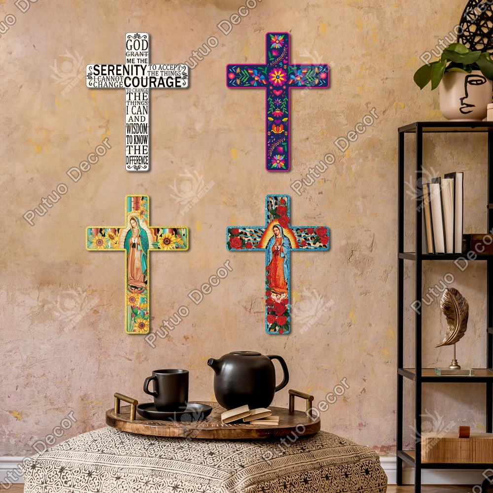 Putuo Decor Mexican Crucifix Wood Wall Deco 15.9 X 11.8 Inches, Madonna Decoration Wooden Wall Mounted Cross for Room