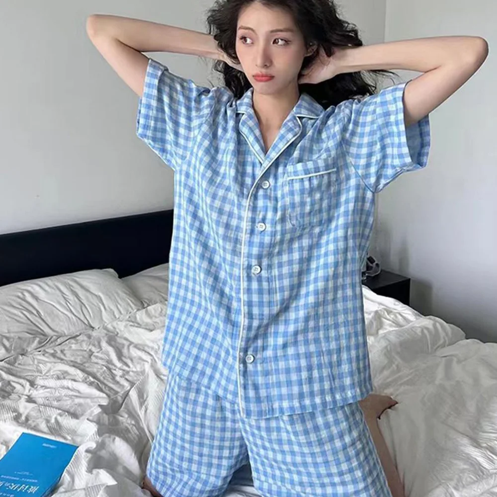 Summer Pajamas Women\'s Pajamas Set Sleepwear Girls Plaid Homewear Femme Nightwear Button Tops and Shorts Pajama