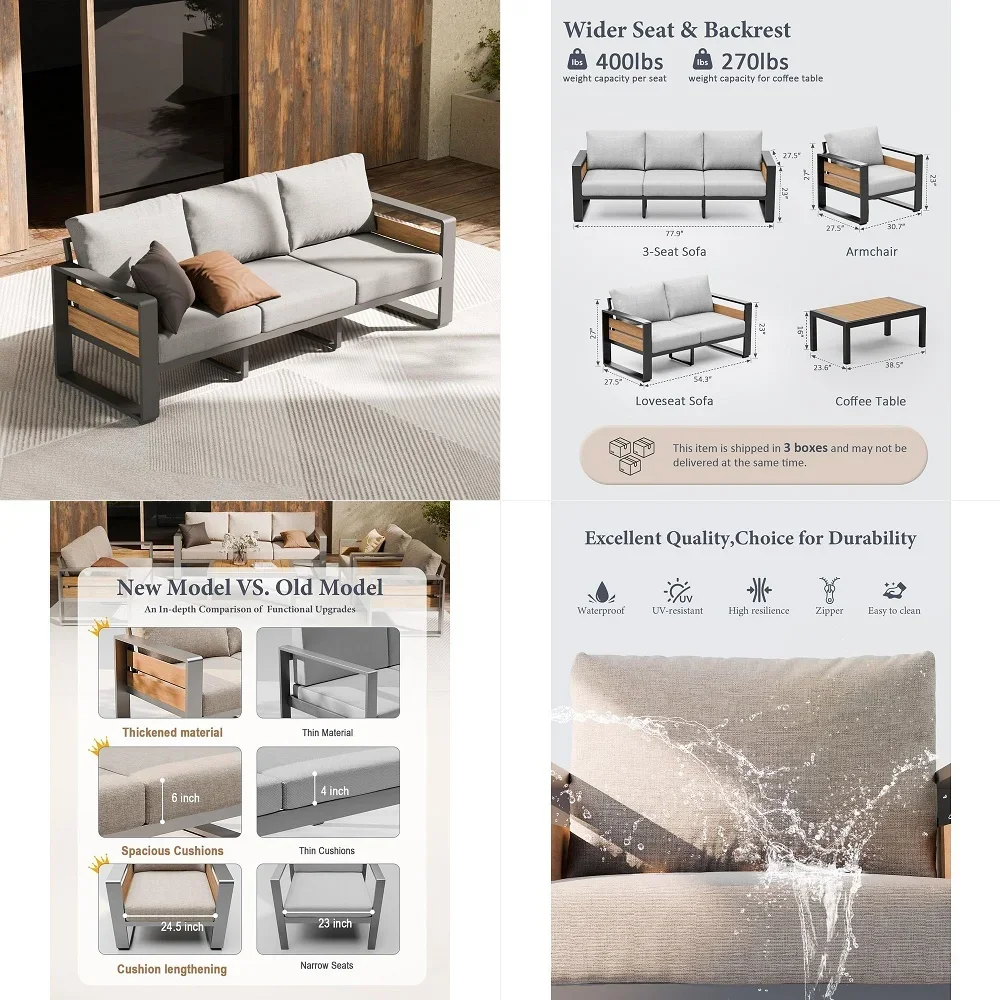 

3 Pieces LShaped Conversation Sofa Set, Outdoor Patio Furniture Set w Detachable Lounger, Thick Cushions, Glass Side Table for