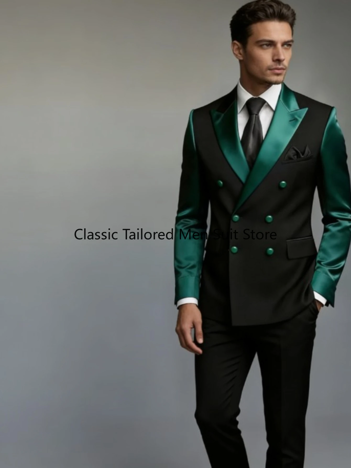 

New Green And Black Men Formal Tuxedos Groom Groomsman Wedding Party Prom Male Business Suit 2 Piece Set Blazer Pants