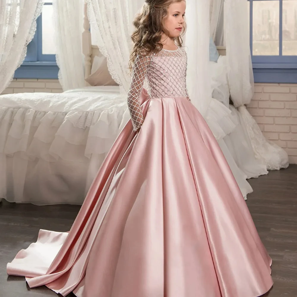 Satin Flower Girl Dresses With Pockets Toddlers Lace Sleeves Pageant First Communion Dress Kids Wedding Birthday Party Gowns