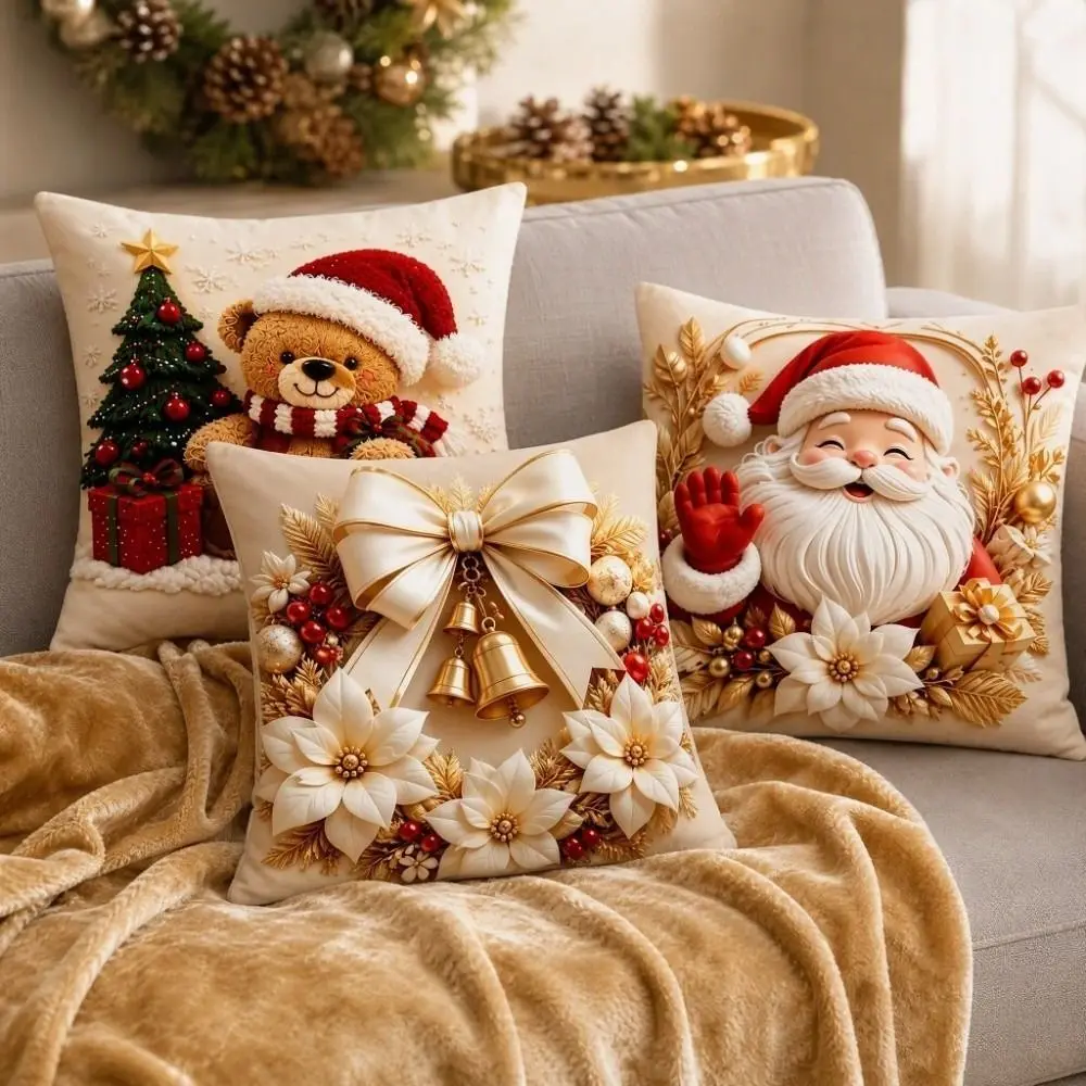 Soft Christmas Pillow Cover Elk Deer Bowknot Bell Throw Cushion Case Santa Claus Square Xmas Tree Pillowslip Farmhouse Couch