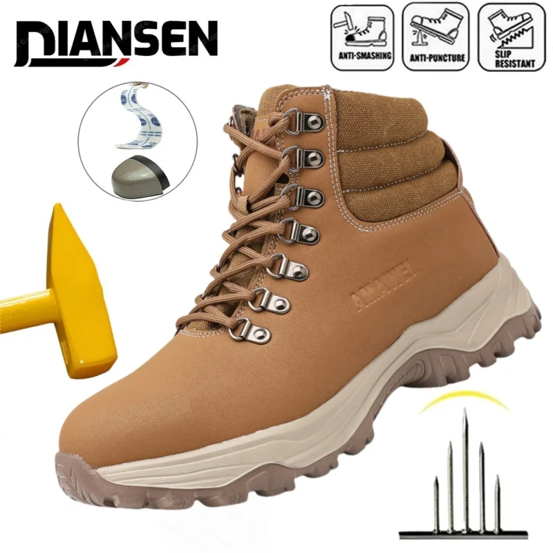 

Водонепроницаемые коричневые кожаные рабочие ботинки на шнуровке, безопасная обувь со стальным носком, брендовая неразрушимая обувь, устойчивые к проколам мужские рабочие боты