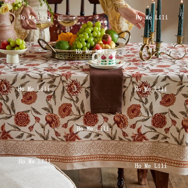 Elegant Tablecloth Block Print Floral Retro Waterproof Table Cover For Home Dinner Party Garden Outdoor