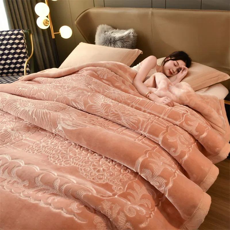 100% Polyester Double-Sided Velvet Raschel Blanket Thickened Double-Layered Knitted Embossing Process for Winter