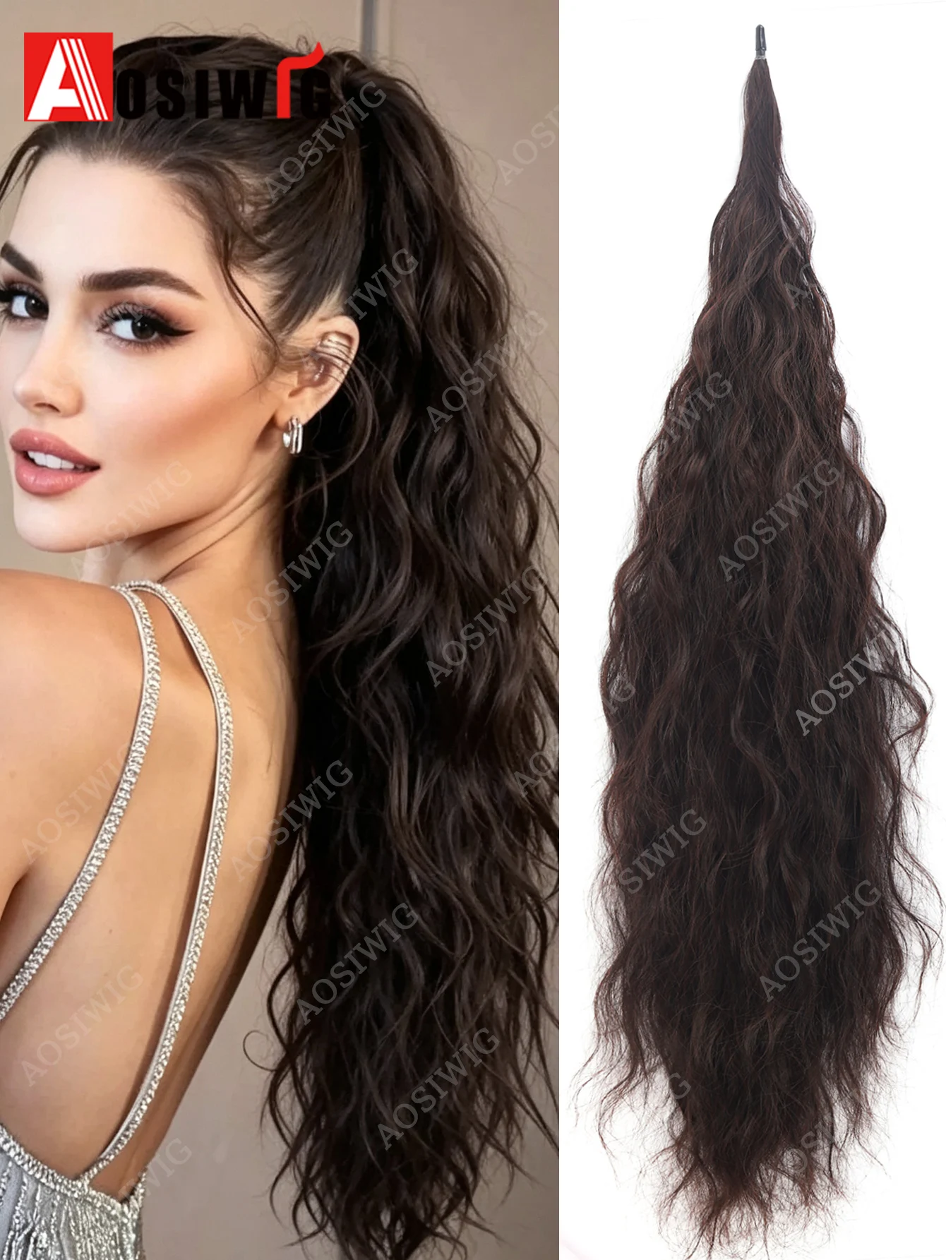 28 Inch Wrap Around High Ponytail Extension Long Wavy Curly Synthetic Black Brown Hairpiece Fluffy Ponytail Hairstyle For Women