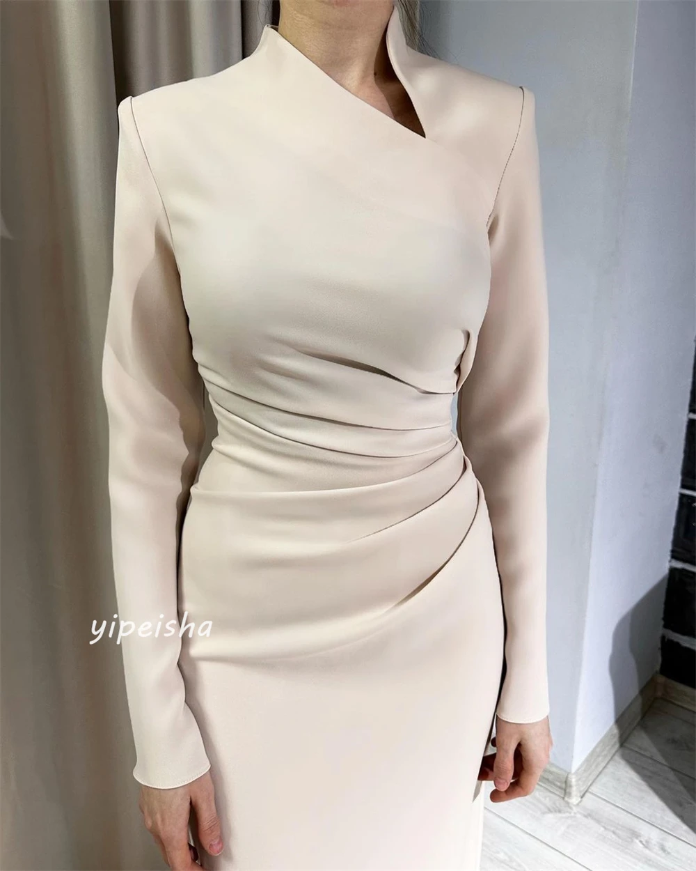 Jiayigong High Quality  Evening Jersey Ruched Birthday A-line V-neck Bespoke Occasion Gown Midi Dresses